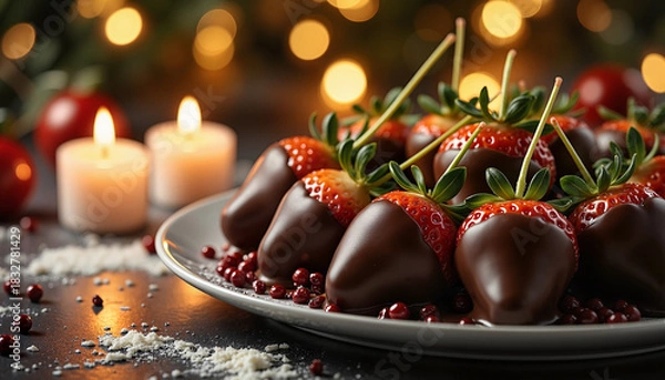 Fototapeta Indulge in chocolate covered strawberries with candle light, romantic arrangement of fresh berries dipped in dark chocolate.
