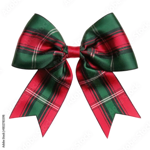 Fototapeta Festive red and green tartan plaid christmas bow isolated on transparent background