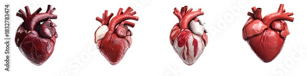 Fototapeta Four anatomical human hearts displayed vertically with detailed structures isolated on transparent background