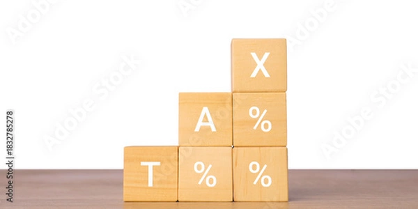 Fototapeta Wooden blocks with tax percentage text for increasing tax rate concept, isolated on transparent background