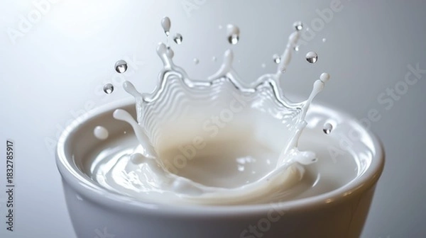 Fototapeta Milk splash macro crown formation in white ceramic bowl with suspended droplets and concentric ripples captured in high-speed photography frozen motion