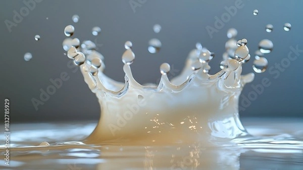 Fototapeta Milk crown impact splash with perfect droplets formation captured in high-speed photography showing liquid surface tension and translucent white milk crown
