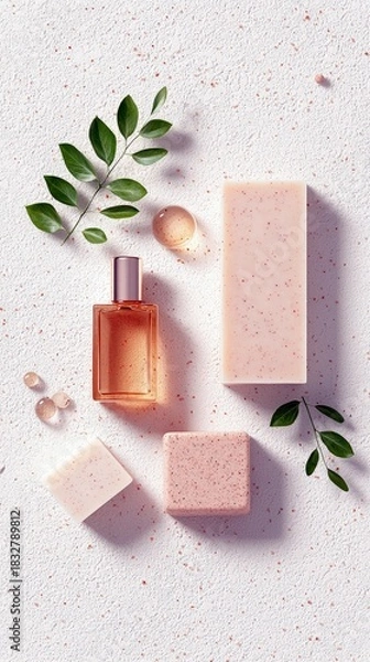 Fototapeta Top view of cosmetic products, including a perfume bottle, soap bars, and green leaves, arranged on a textured white background.