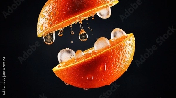 Fototapeta Fresh orange slices floating with droplets on black background  