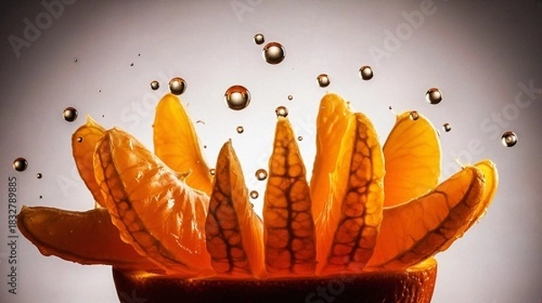 Fototapeta Fresh orange slices with water droplets splashing in studio light  