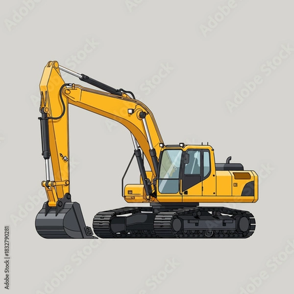 Obraz Illustrative rendition of a yellow excavator against a neutral background showcasing construction