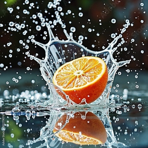 Fototapeta Orange slice splashing in water with droplets against blurred background  