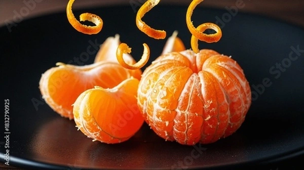 Fototapeta Fresh orange tangerine with peeled segments on black plate  