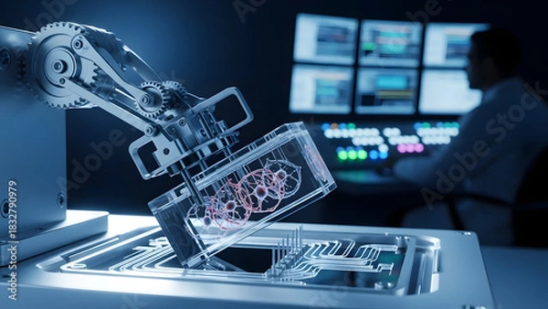 Fototapeta Robotic Arm Assembling Transparent Gear Device in Tech Lab