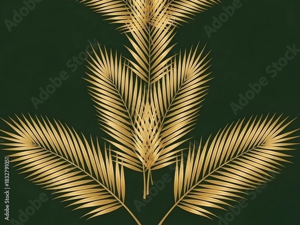Fototapeta Golden palm leaves on dark green background nature abstract art