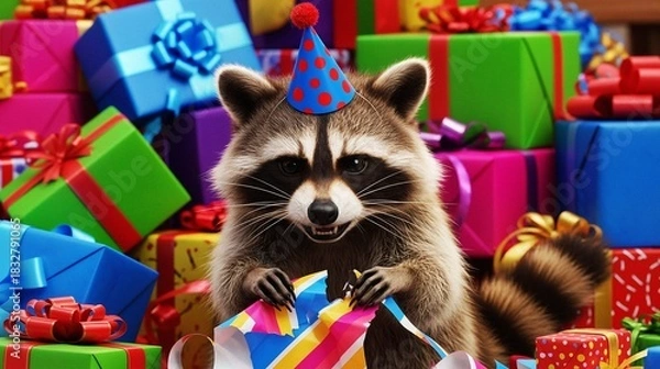 Fototapeta Raccoon wearing a party hat and unwrapping gift in colorful decor  