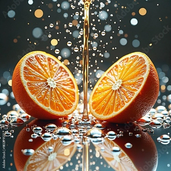 Fototapeta Orange halves with juice dripping and sparkling water droplets  