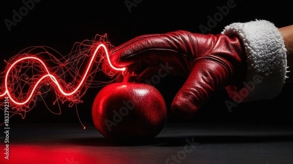Fototapeta Red pomegranate held by gloved hand with light effects on dark background  