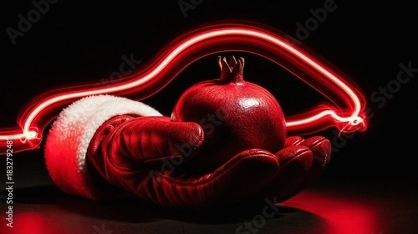 Fototapeta Red boxing glove holding a pomegranate with neon light accents  