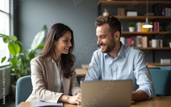 Obraz Smart business people working together with laptop while talking in the coworking place. High quality