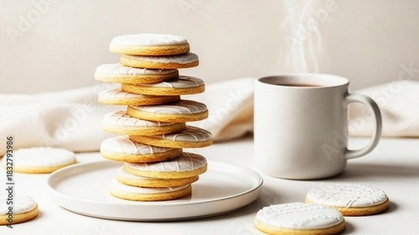 Fototapeta Stack of cookies beside hot cup of tea on soft fabric background  