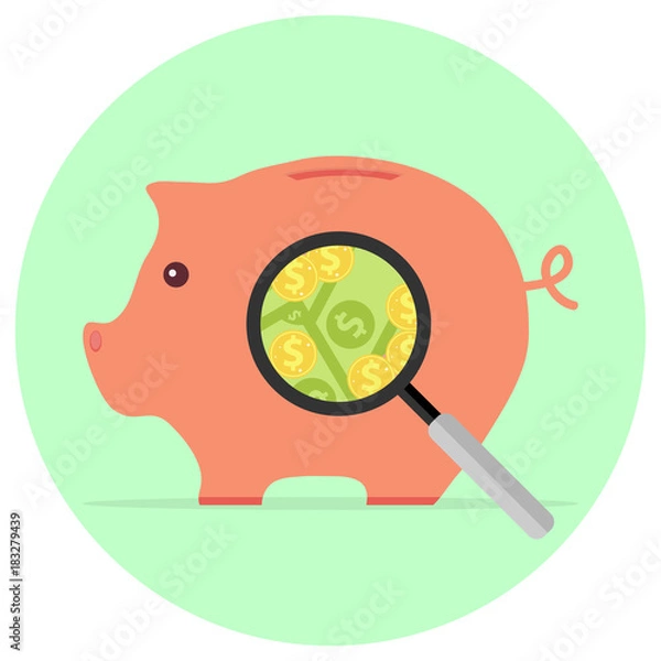 Fototapeta A magnifying glass looks at the pig piggy bank with money.