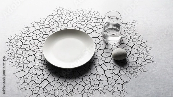 Fototapeta Minimalist white plate with glass of water and white stone on textured surface  