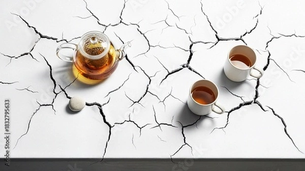 Fototapeta Tea pot and cups on cracked white surface with tea inside  