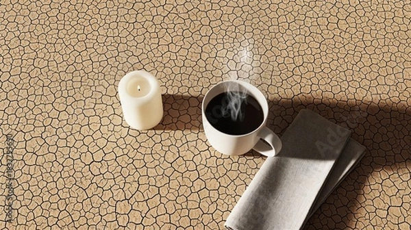 Fototapeta Hot coffee cup with steam and candle on textured background  