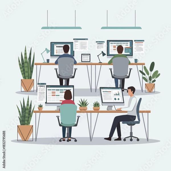 Fototapeta People working in an office environment with computers and plants.