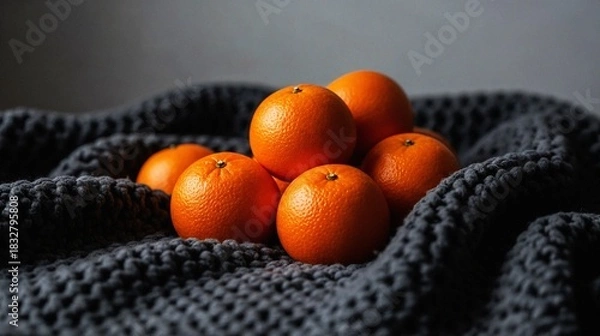 Fototapeta Fresh oranges arranged on dark textured blanket in natural light  