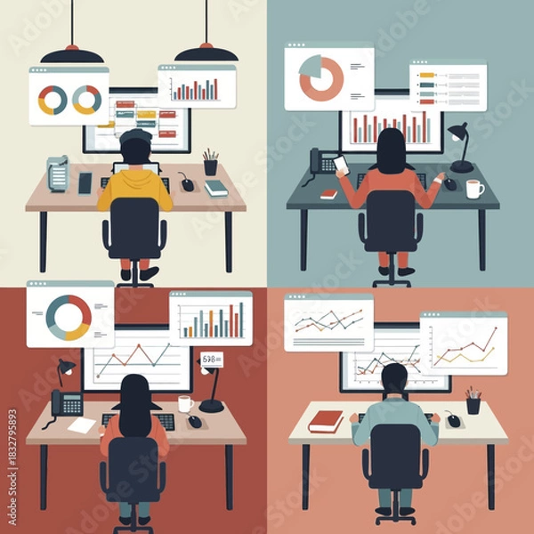 Fototapeta People working on computers analyzing data in an office environment.