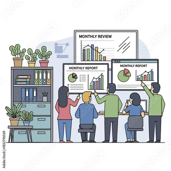 Fototapeta Professional Team Analyzing Charts and Graphs in a Modern Office.