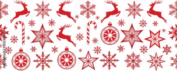 Obraz Red Christmas Pattern Featuring Reindeer, Snowflakes, Candy Canes, Stars, and Ornaments on White Background for Seasonal Holiday Decor