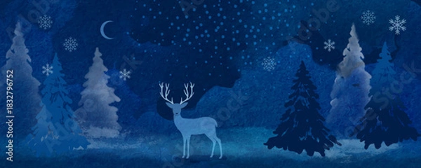 Fototapeta Dark blue watercolor sketch of winter night on textured paper. Elegant Christmas watercolor drawing with Christmas deer, Christmas tree, snow-covered winter forest. Winter Wonderland