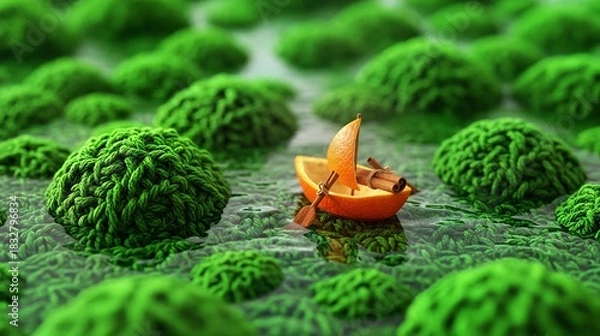 Fototapeta Small orange boat floating on green mossy water surface  