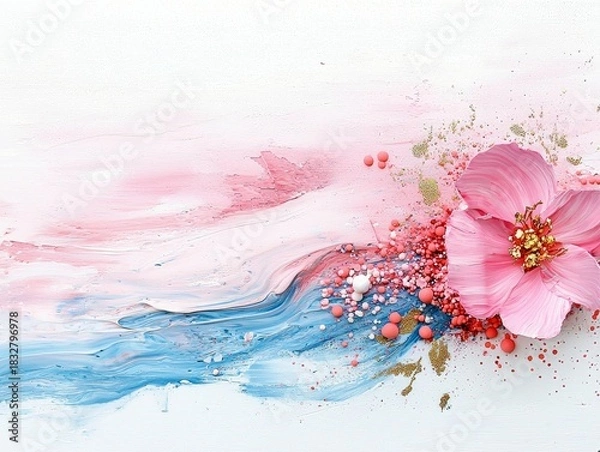 Obraz A close-up of a pink flower with gold accents, set against a backdrop of abstract paint strokes in shades of pink, blue, and white.