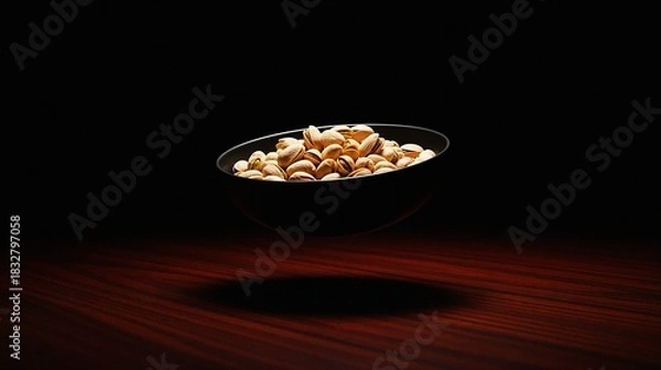 Fototapeta Nuts in black bowl floating above wooden surface with dark background  