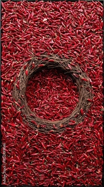 Obraz A close-up shot of a frame filled with red chili peppers, with a woven wreath in the center.