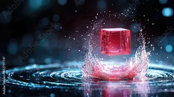 Obraz A red cube levitates in a splash of water, creating a dynamic visual with a blurred, abstract background.