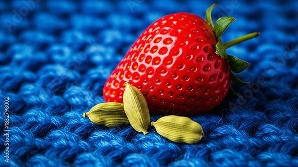 Fototapeta Strawberry and cardamom seeds on blue knitted fabric background  