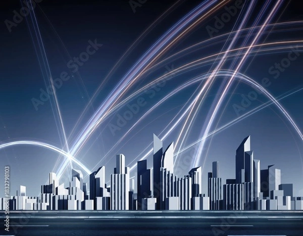 Fototapeta Futuristic city skyline with light streaks at night
