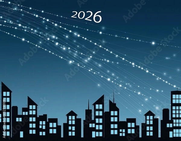 Fototapeta City skyline in 2026 with light trails in a dark sky