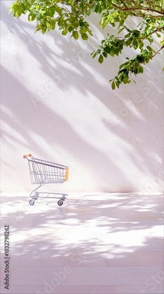 Obraz A shopping cart on a patio with a white wall and tree shadows, illuminated by sunlight.