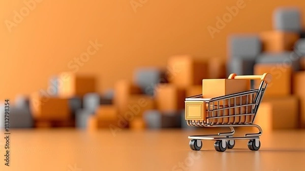 Obraz A shopping cart with a box inside, set against an orange background with blurred boxes. Studio shot.