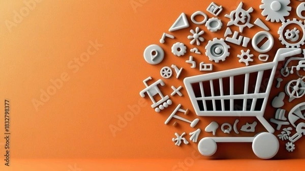 Obraz A 3D rendering of a shopping cart surrounded by various icons on an orange background, representing shopping and e-commerce.