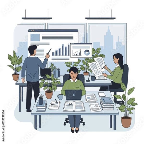 Fototapeta Team Collaboration in Modern Office Analyzing Data and Documents.