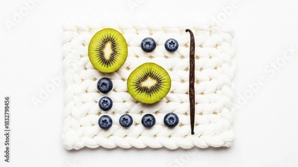 Fototapeta Colorful arrangement of sliced kiwi and blueberries on textured background  