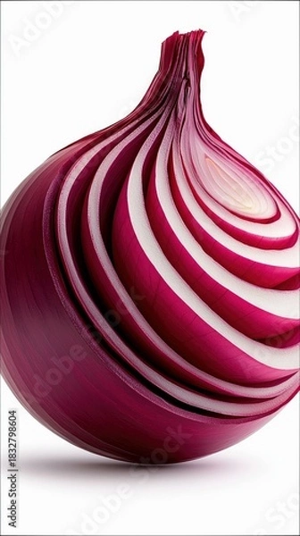 Obraz Close-up of a halved red onion, showcasing its internal layers and textures against a clean white backdrop.