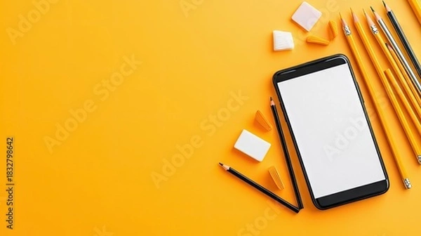 Obraz Overhead shot of a smartphone with a blank screen, pencils, erasers, and pencil sharpeners arranged on a yellow background.