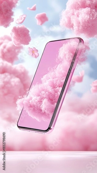 Obraz A smartphone hovers amidst fluffy pink clouds and delicate flowers, creating a whimsical and dreamy atmosphere.