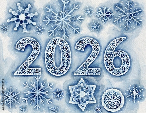 Fototapeta Snowflake patterned 2026 on white blue winter background