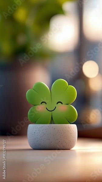 Obraz A cute, smiling four-leaf clover in a small pot sits on a wooden table, with soft, natural lighting.