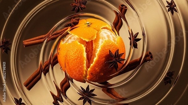 Fototapeta Orange fruit with cinnamon sticks and star anise on smooth surface  