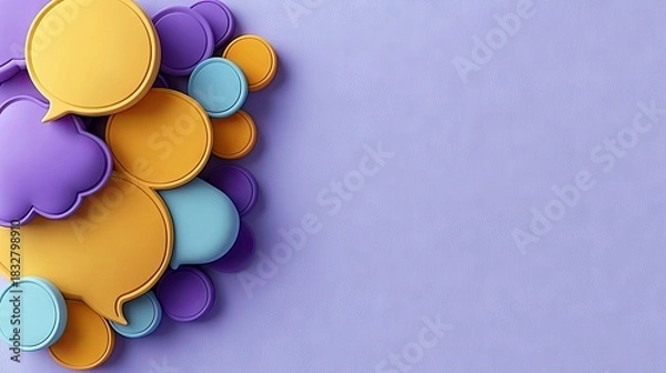 Obraz A colorful composition of speech bubbles in various shapes and colors against a purple background, with copy space.